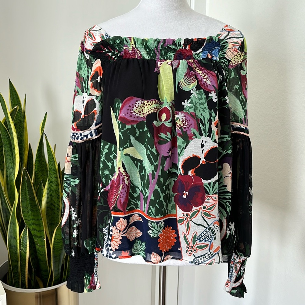 The Art Of Anthropologie Lil Sire Women's Floral Puff Sleeve Blouse Size XS